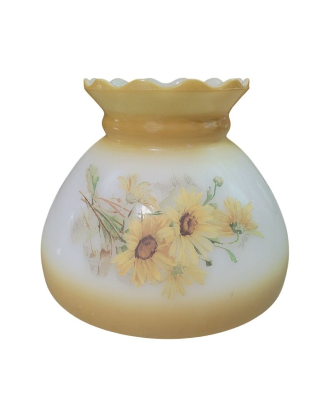 Vintage Yellow White Milk Glass Lamp Shade Sunflower Floral Design MCM